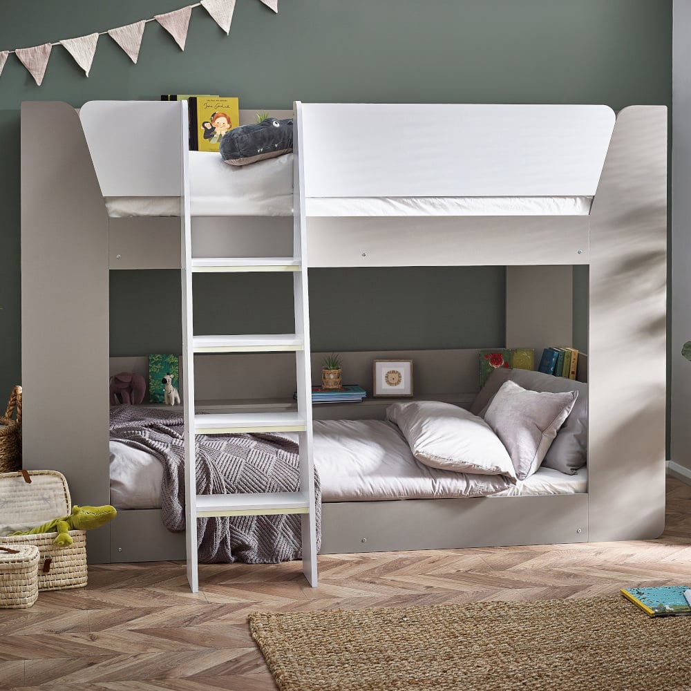 Parsec Taupe and White Wooden Bunk Bed Close-Up